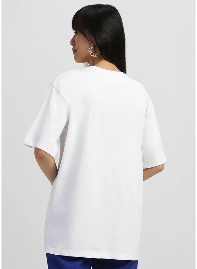 جونبيري تيشيرت قطن أبيض فضفاض للنساء